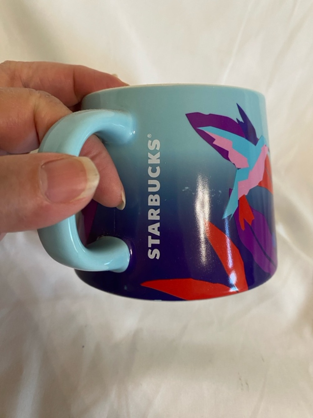 Starbucks Hummingbird 2023 Light Blue with Purple Gradient Floral Mug, 14 fl oz
